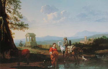 quadro di maniera paesaggio con viandanti