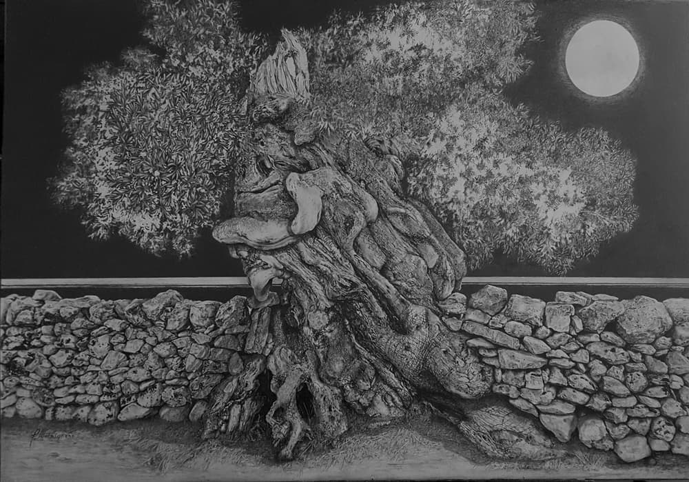 e una bianca luna guarda giù sul confine    matita e foglia argento su cartoncino  cm 100 x 70