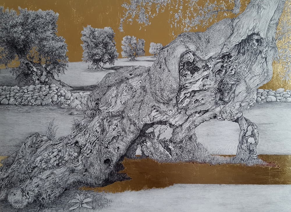 Tensione obliqua        matita e foglia oro su cartoncino 80 x 58