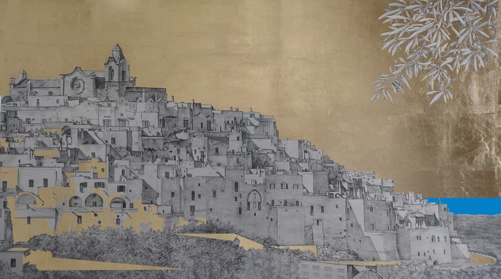 La citta vecchia matita e foglia oro su tela cm 120 x 68