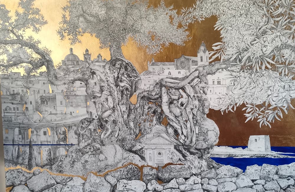 La regina, il cavallo, la torre e il Santo matita e foglia oro su tela cm 120 x cm 80