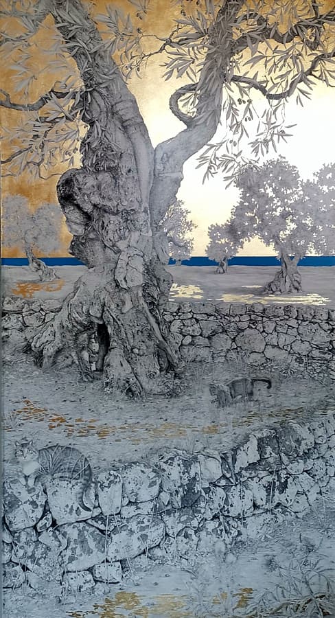 L'albero della mamoria matita e foglia oro su legno cm 210 x 110